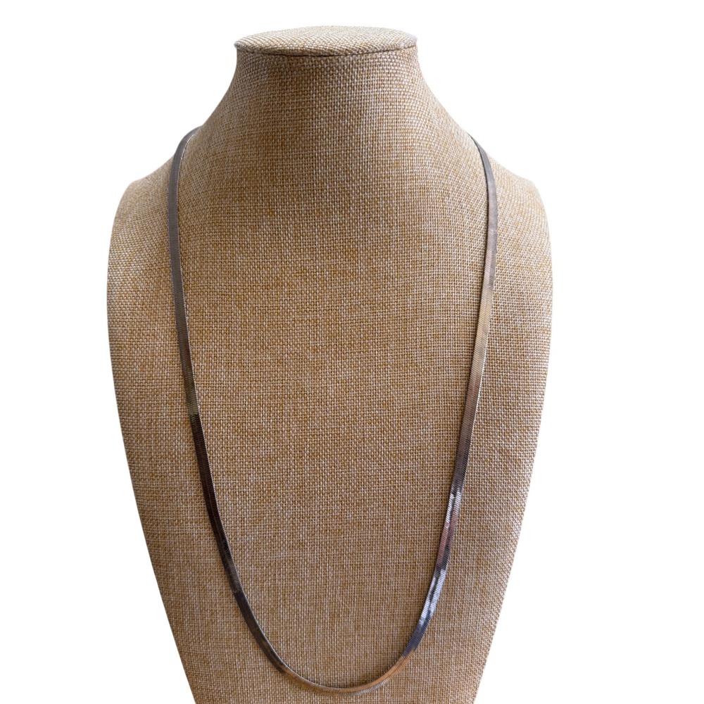 Silver Tone Herringbone Flat Snake Chain Necklace Long Minimalist Layering